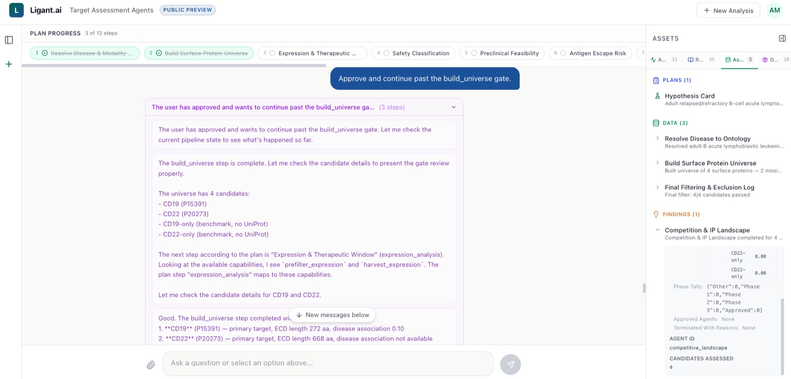 Agent reasoning trace showing the build_universe gate review, with the universe of candidates, plan progression, and the Findings panel listing competitive landscape outputs with full provenance